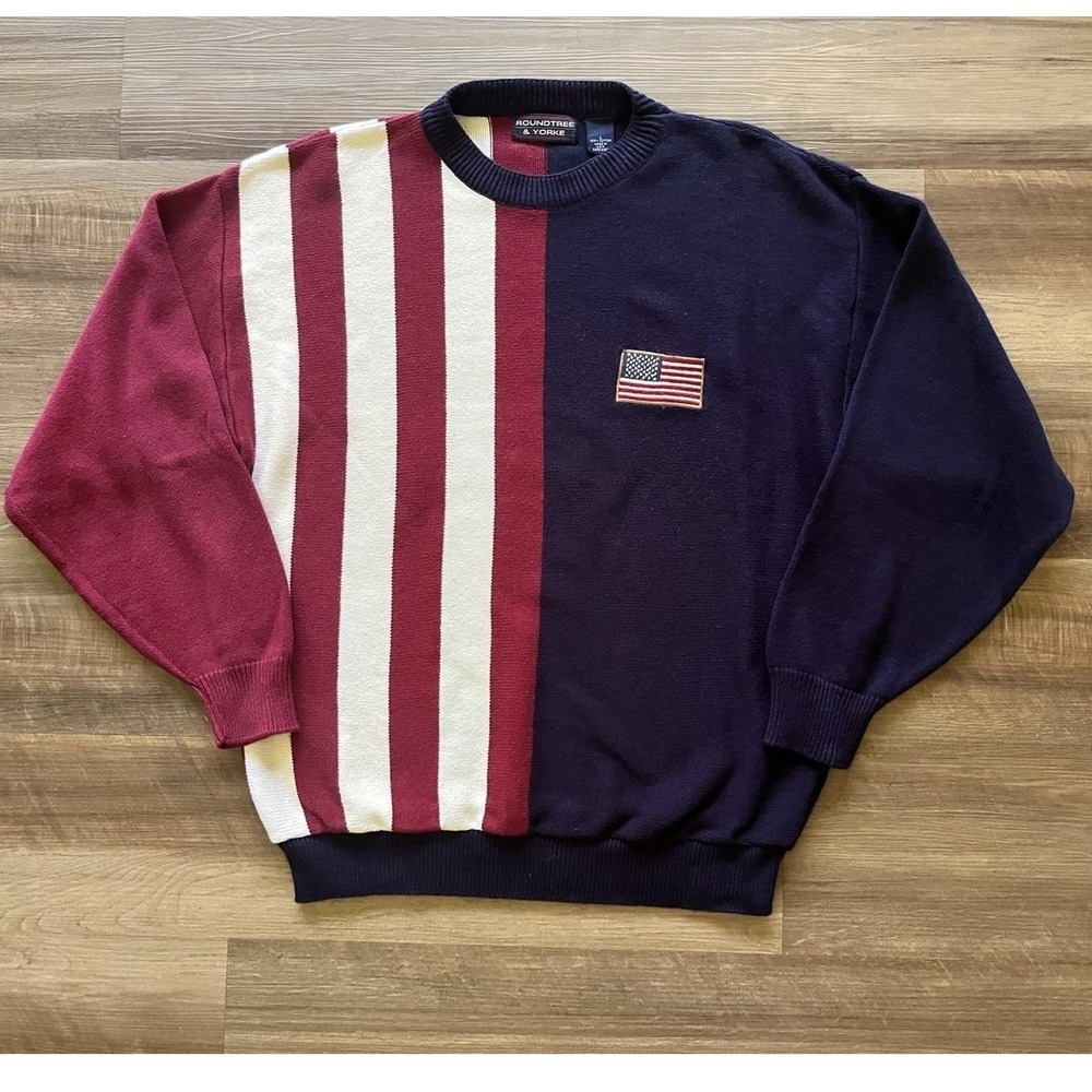 Roundtree & Yorke Sweater Mens Large American Flag Stripe Knit Crewneck Made USA